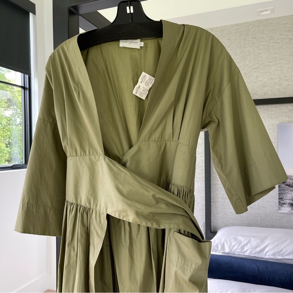 Three Graces London Charita Green Cotton-poplin Wrap Dress In Khaki Army Green - Picture 4 of 15